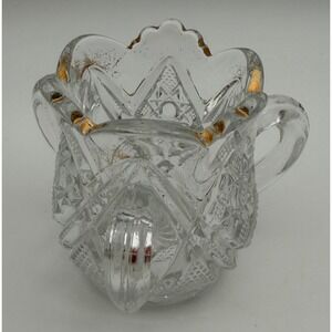 Antique EAPG Pressed Glass Toothpick Holder Gold Trim Scalloped Rim 3 Handle
